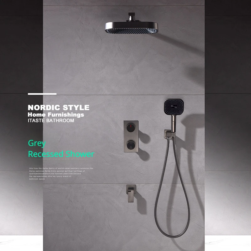 Grey Shower Set  Brass Concealed Three-Function Rain Shower Head With Foldable Outlet At The Bottom Hot and Cold Shower Mixer