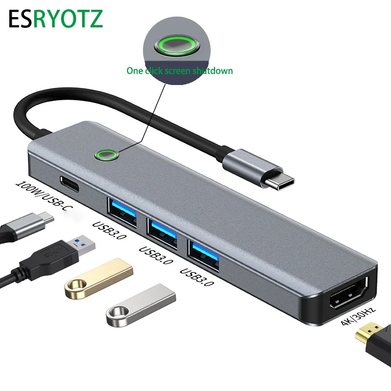 5 In 1USB-C Hub Docking Station for MacBook Air/Pro, iPad M1/M2, Thunderbolt Laptop - Features HDMI-4K,  100W PD, 3*USB3.0 usb