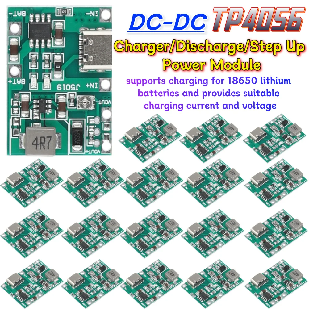 TP4056 Boost Module 50~1PCS Type-C Charger Discharge Power Board 5V 2A Charging Step Up Boost Module DC4.3-27V Adjustable Parts