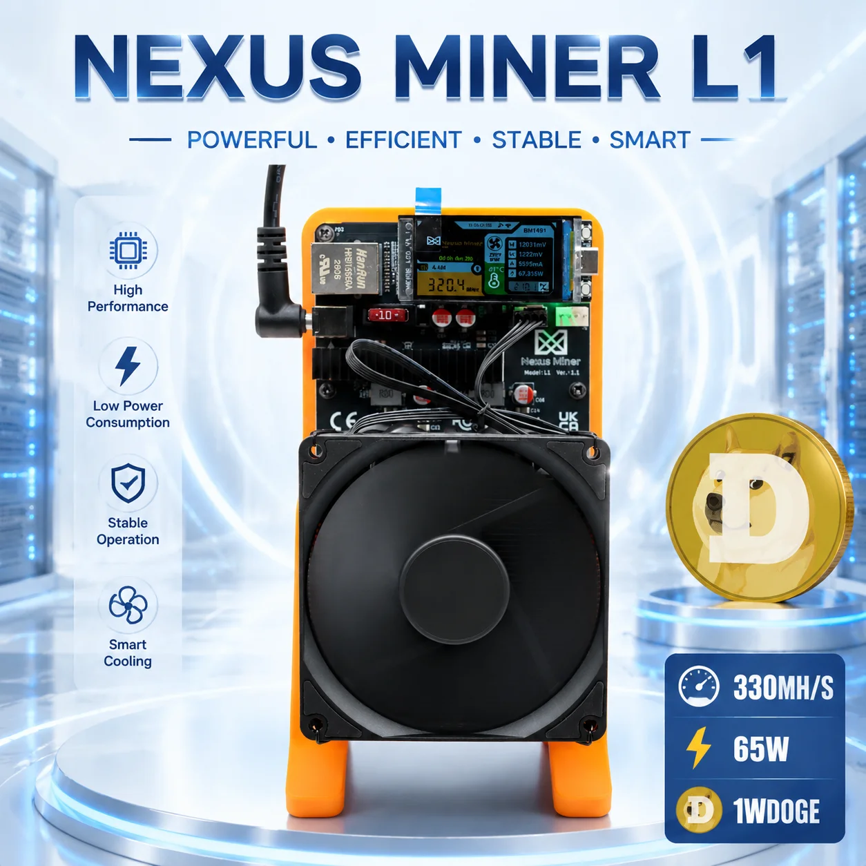 NEXUS MINER L1 ASIC Miner 2026 330MH/S 65W mit 6 BM1491AA Chips für LTC DOGE Solo Mining, Netzteil inklusive