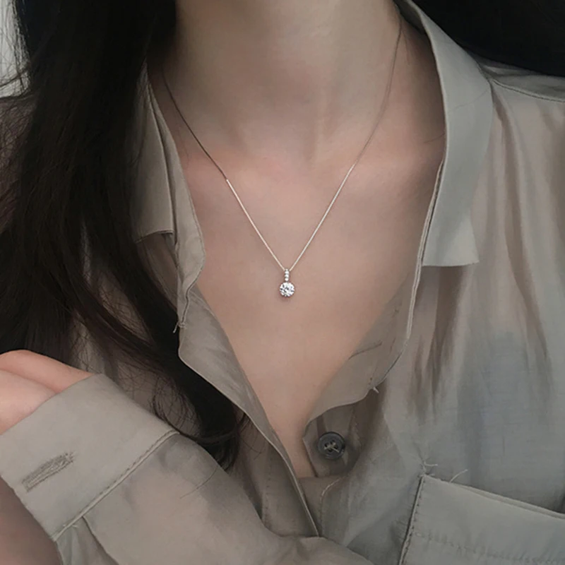 Minimalist Single Sparkling Diamond Pendant Clavicle Chain - Dainty Solitaire Necklace for Women Daily Party Jewelry