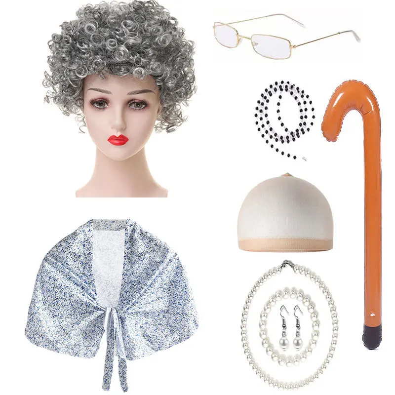 Wig Nenek Terlaris Karena Alat Peraga Pertunjukan Tari Halloween Set Wig Rambut Keriting Abu-abu