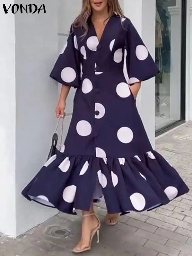 

VONDA Women Long Sleeve Dress Vintage Dot Point Bohemian Printed Party Long Sundress V-neck Casual Buttons Ruffled Party Vestido