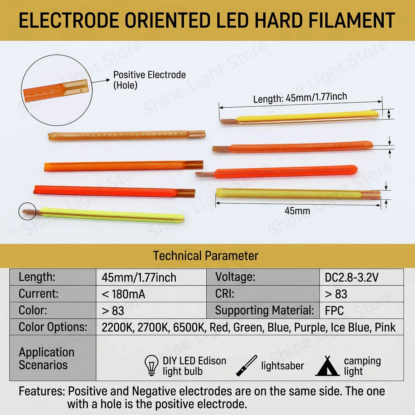 10pcs 45mm 3V LED Hard Filament Strip, With Positive and Negative Terminals At The Same End, Used for Decorative Bulb Lighting