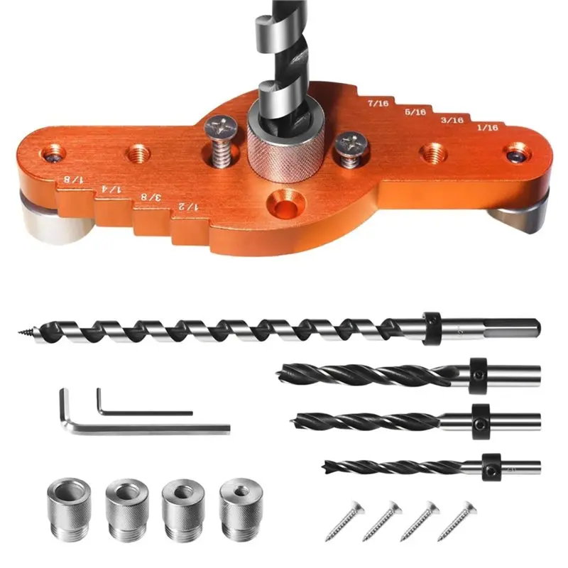 DTA4-Adjustable Aluminum Clamp, 1/2", 1/4", 5/16", 3/8" Drill Bits Included In Dowel Jig Kit With Self-Centering Scriber