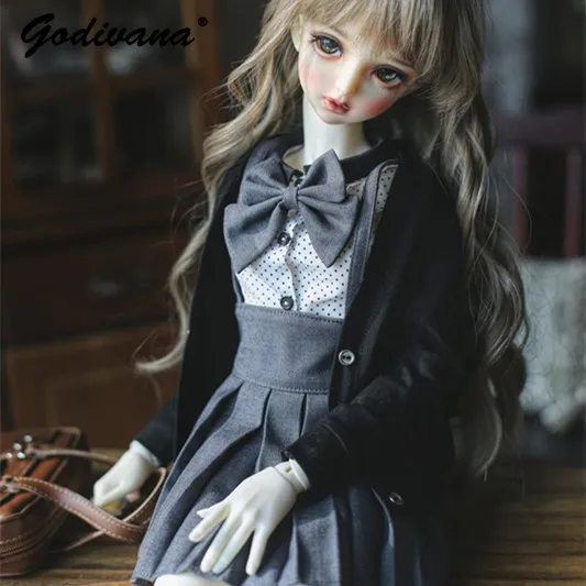 1/3 Bjd Doll Clothes Sweet Preppy Cardigan and Polka Dot Shirt with Suspender Pleated Skirt Socks School Uniform Doll Outfit