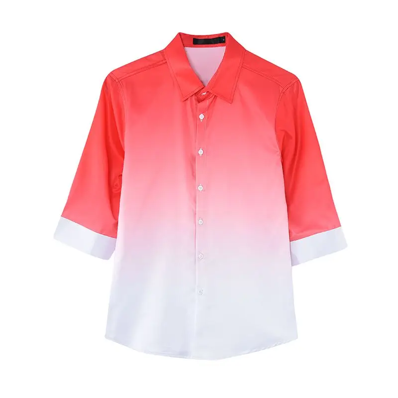 Summer New Turn-down Collar Fashion Half Sleeve Shirt Man High Street Casual Slim Button Cardigan Gradient All-match Y2K Tops