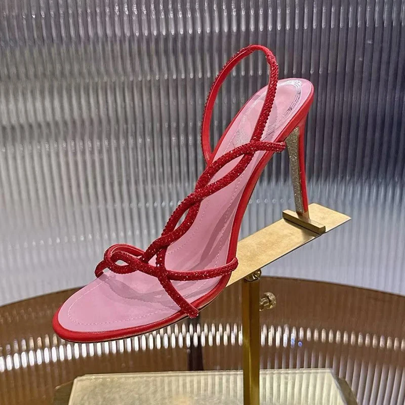 Sexy Snake Shaped Cross Shining Rhinestone Thin High-Heeled Sandals Women Open Toe Crystal Sandalias Summer Party Dress Shoes