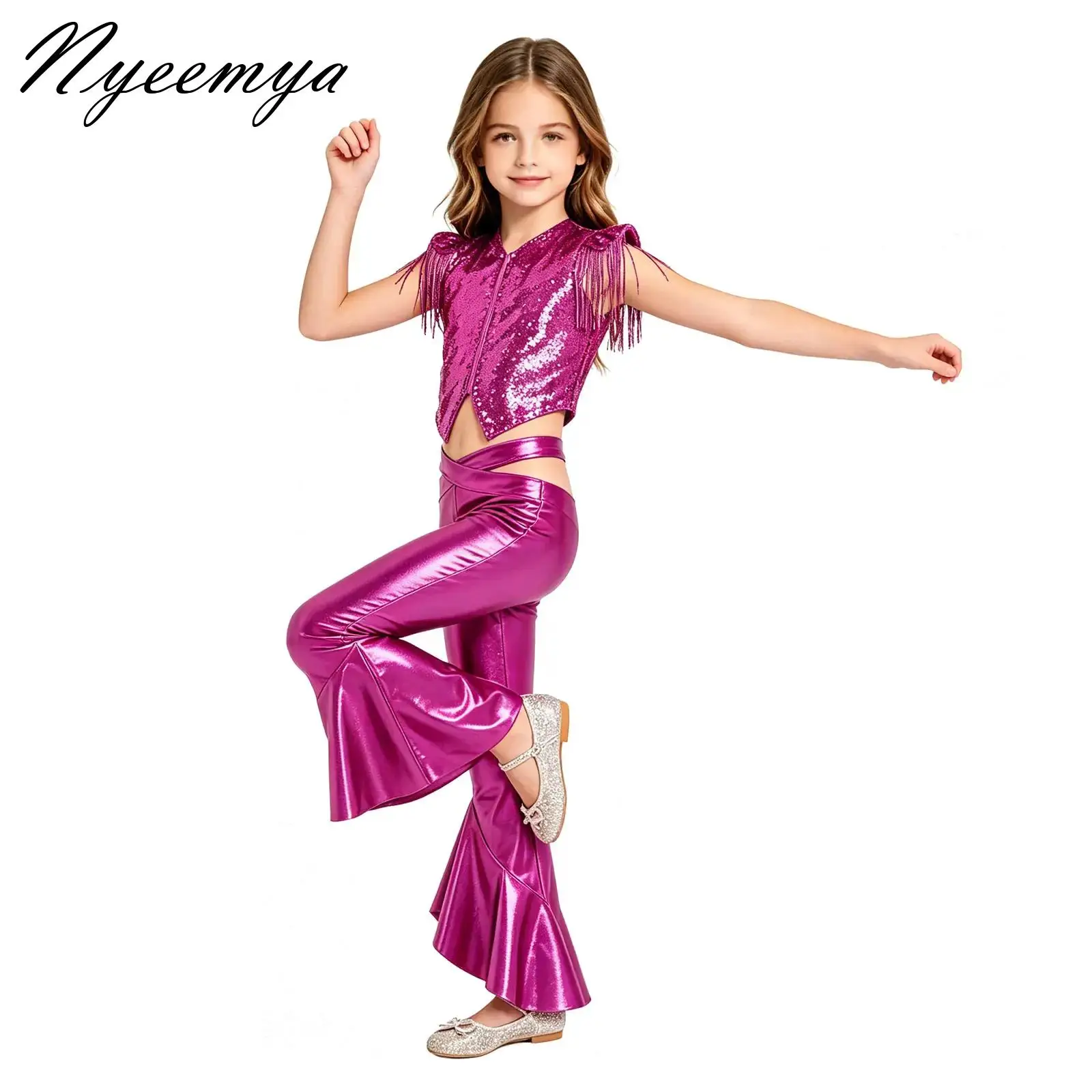 

Kid Hip Hop Clothing Set Crop Top with Ruffles Pant for Girl Jazz Latin Ballet Gymnastics Dance Competition Costumes Clothes