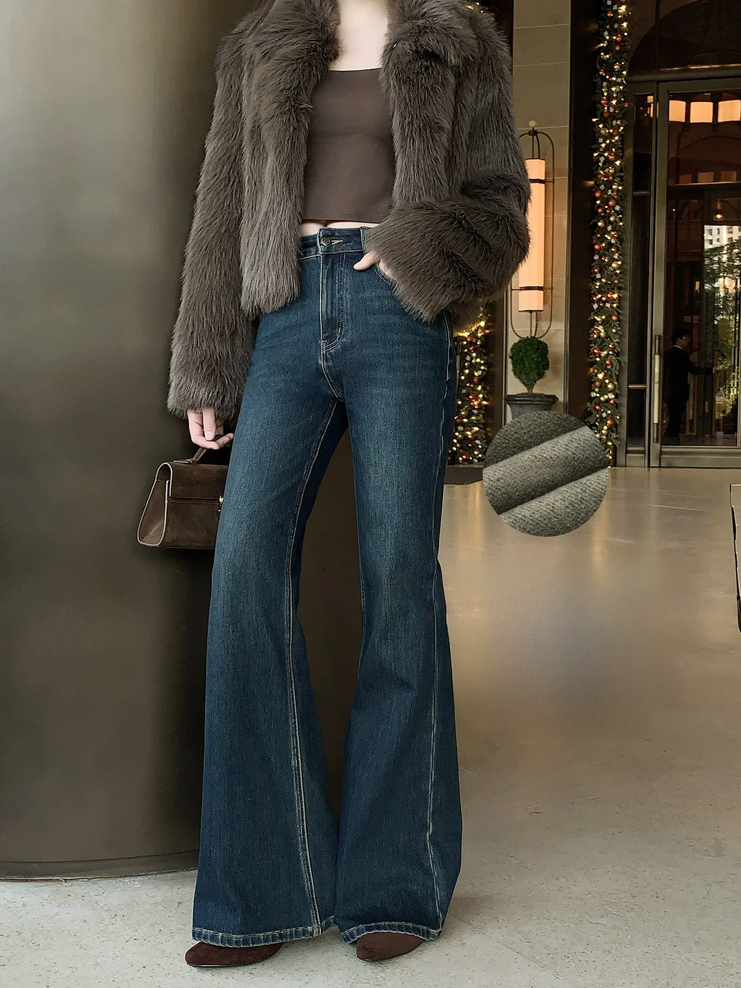 

Modern Girl Fce Bell Bot Jeans High Waist Zipper Closure Pure Color Casual Warm Denim Pants for Ladies Slim Fit Sle