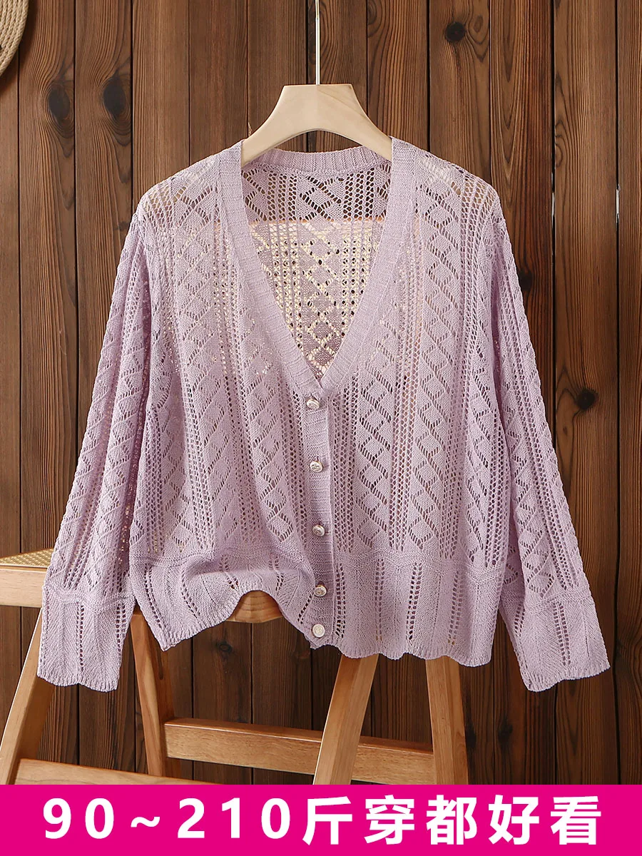 

High Quality Hollowed Out Ice Silk Knitted Cardigan for Women, Thin Summer Loose Long Sleeved Top, Stylish Short Style