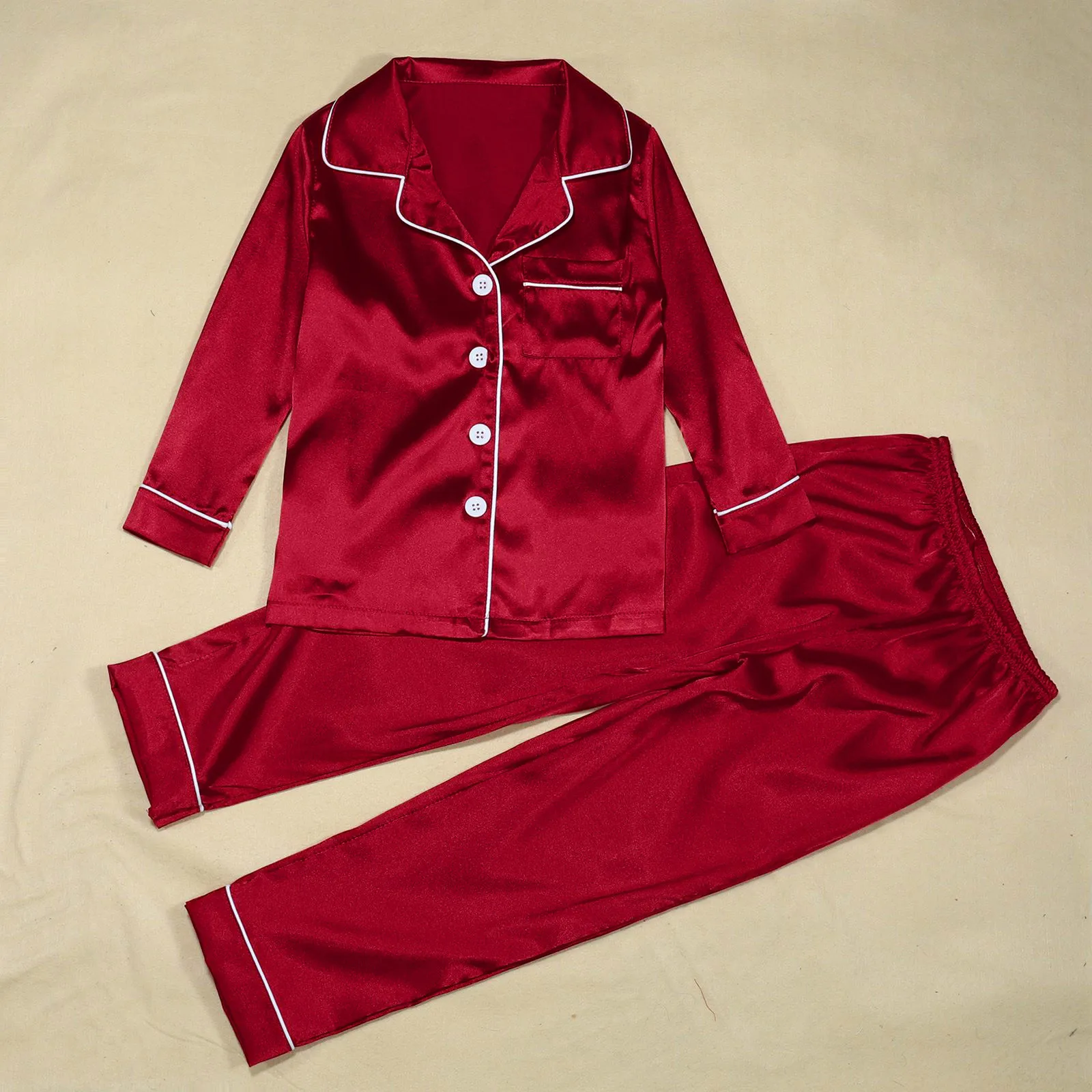 Satin Silk Family Matching Pajama Suits Christmas Sleepwear 2 Piece Set Solid Color Button Lapel Long Sleeve Shirts+Casual Pants