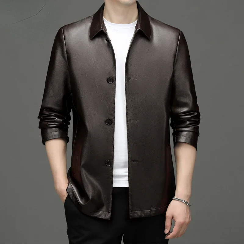 Men's Lapel Single Breasted Genuine Leather Jacket for Men Spring Autumn Casual Soft Leather Jackets Men's Clothing Jaqueta Cjk