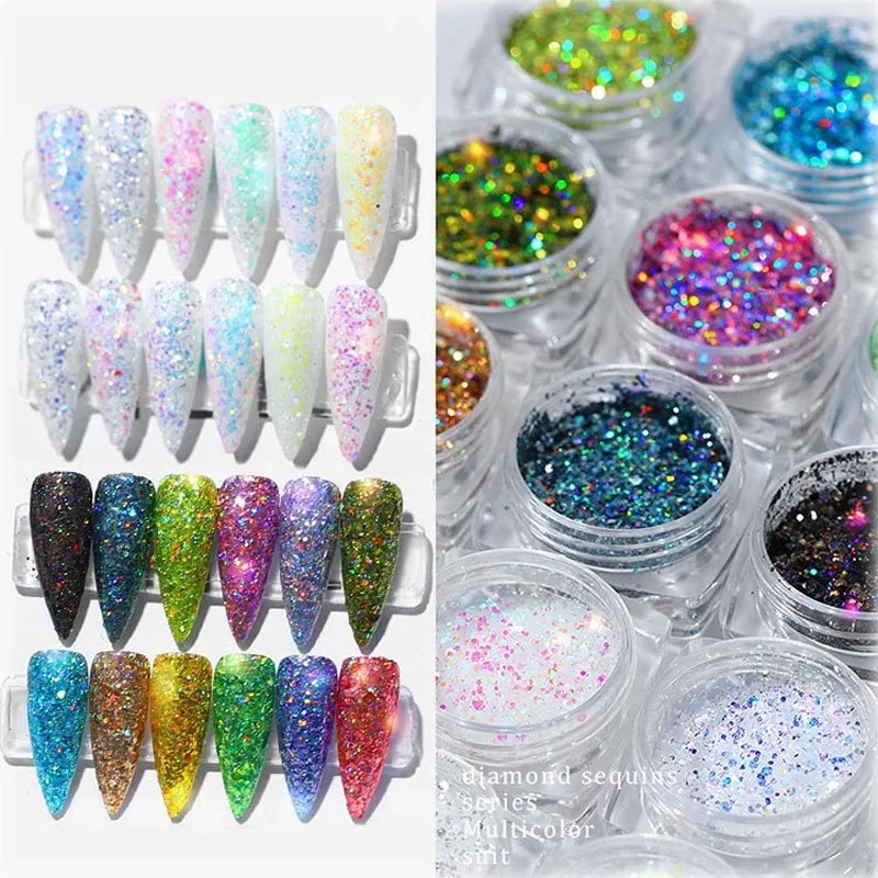 12 słoików/zestaw świąteczne holograficzne brokatowe cekiny kolorowe masywne brokatowe cekiny do zdobienia paznokci mieszane rozmiary Xmas Girl Manicure brokat