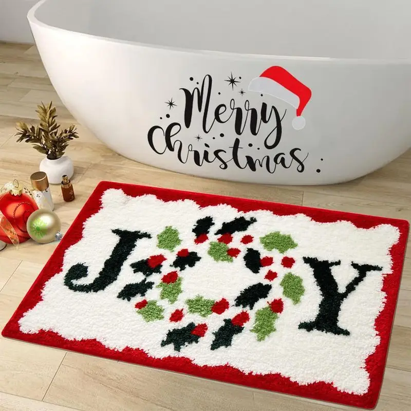 VIKAMA Christmas JOY Bath Rug Holly Berry Holiday Decor Red White Green Rectangular Non Slip Absorbent Soft Bathroom Mat