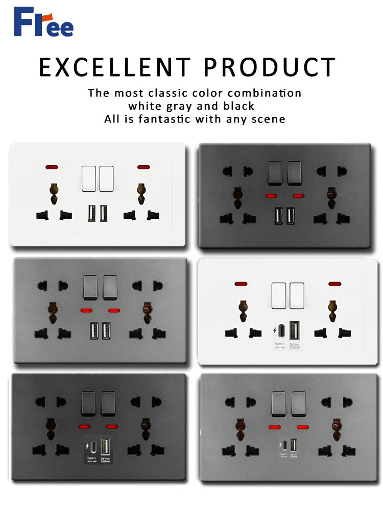 18 W Typ-C-Anschlüsse, Wandschnellladebuchse, universelle Steckdose mit doppelter Schaltersteuerung, Steckdose nach britischem Standard