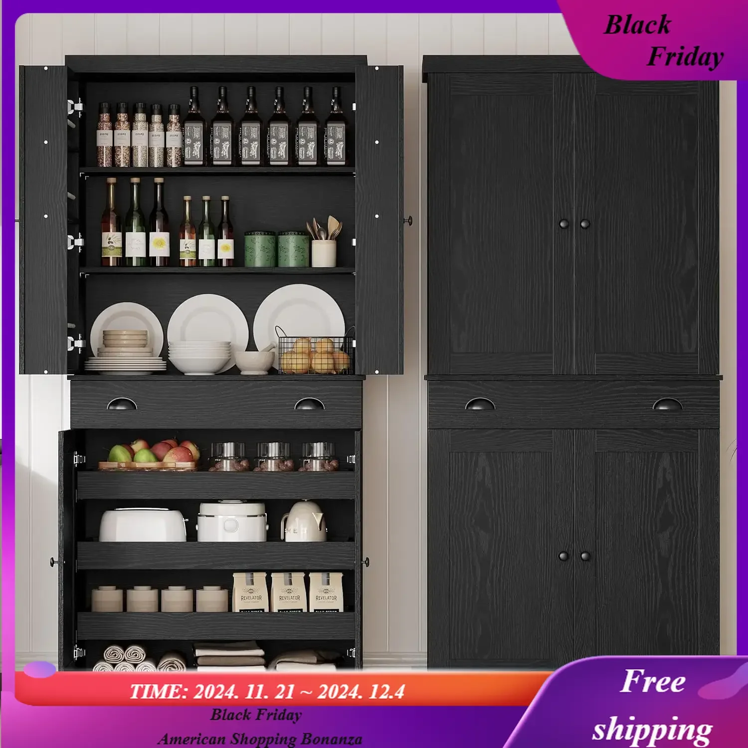 Kitchen Pantry Cabinet Freestanding Cupboard with Drawer, Sliding Storage Rack, and 6 Hanging Shelves