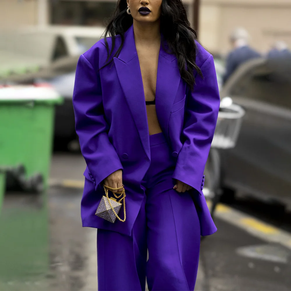 

Women Casual Suit Loose Fit 2025 Trendy Double-breasted Peaked Lapel 2Pieces(Jacket+Pants) Purple Streetwear Blazer Ladies Set