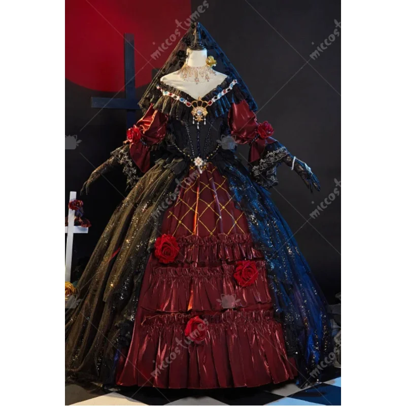 Miccostumes 24 ساعة شحن المرأة ماري الدموي الملكة تأثيري فستان مُصمم حسب الطلب وشاح الرأس مع حزام الخصر والقفازات