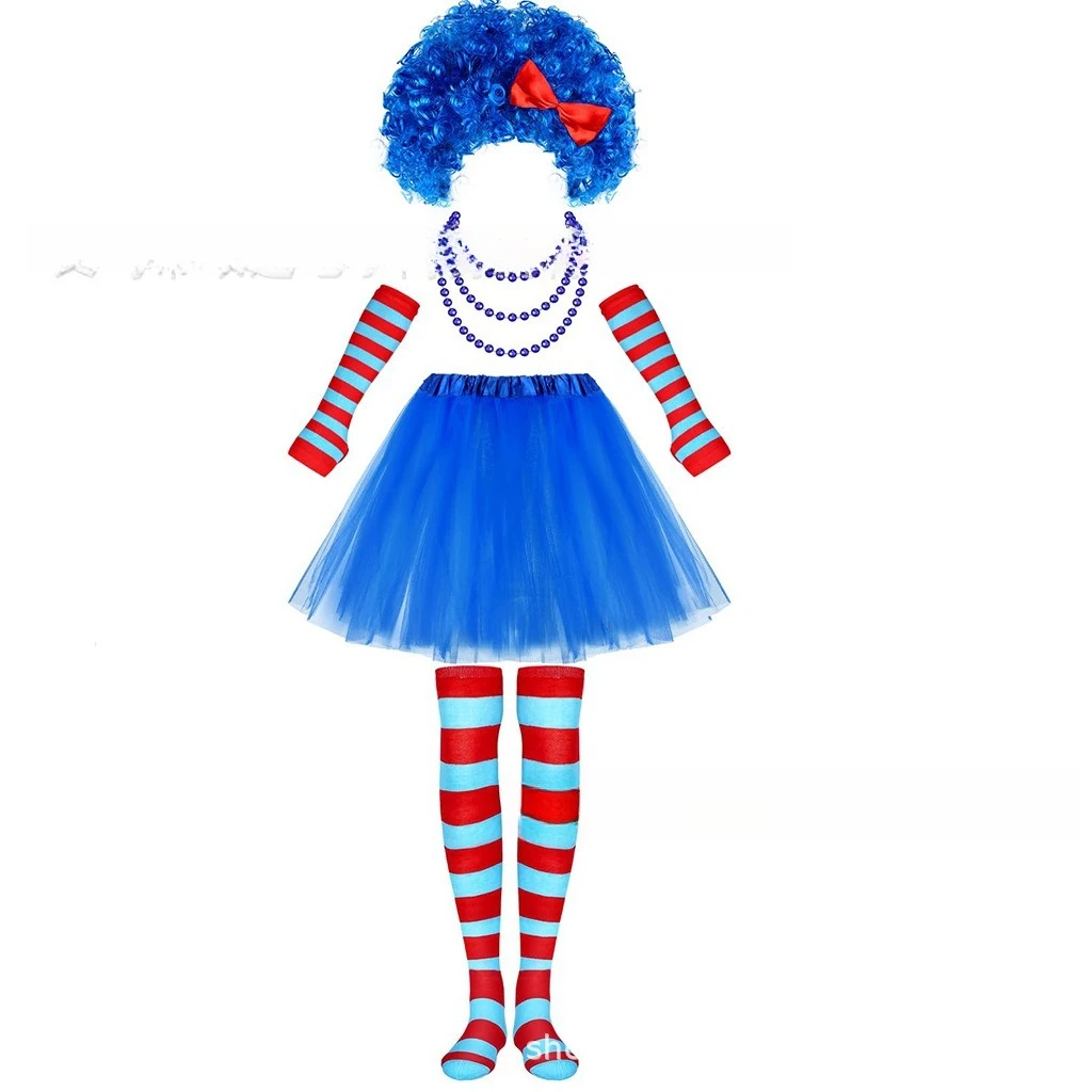 مجموعة أزياء الكرنفال - شعر مستعار أفرو مع فيونكة، سلسلة خرز متصلة، جوارب مخططة لتدفئة الذراع وتنورة توتو، طقم ملابس للحفلات الاحتفالية