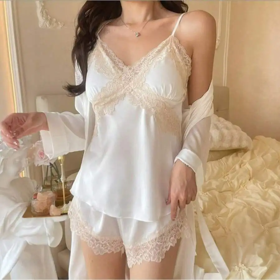 

Lace Trim Satin Pajama Set V-Neck Camisole With Shorts Lightweight Summer Loungewear For Women