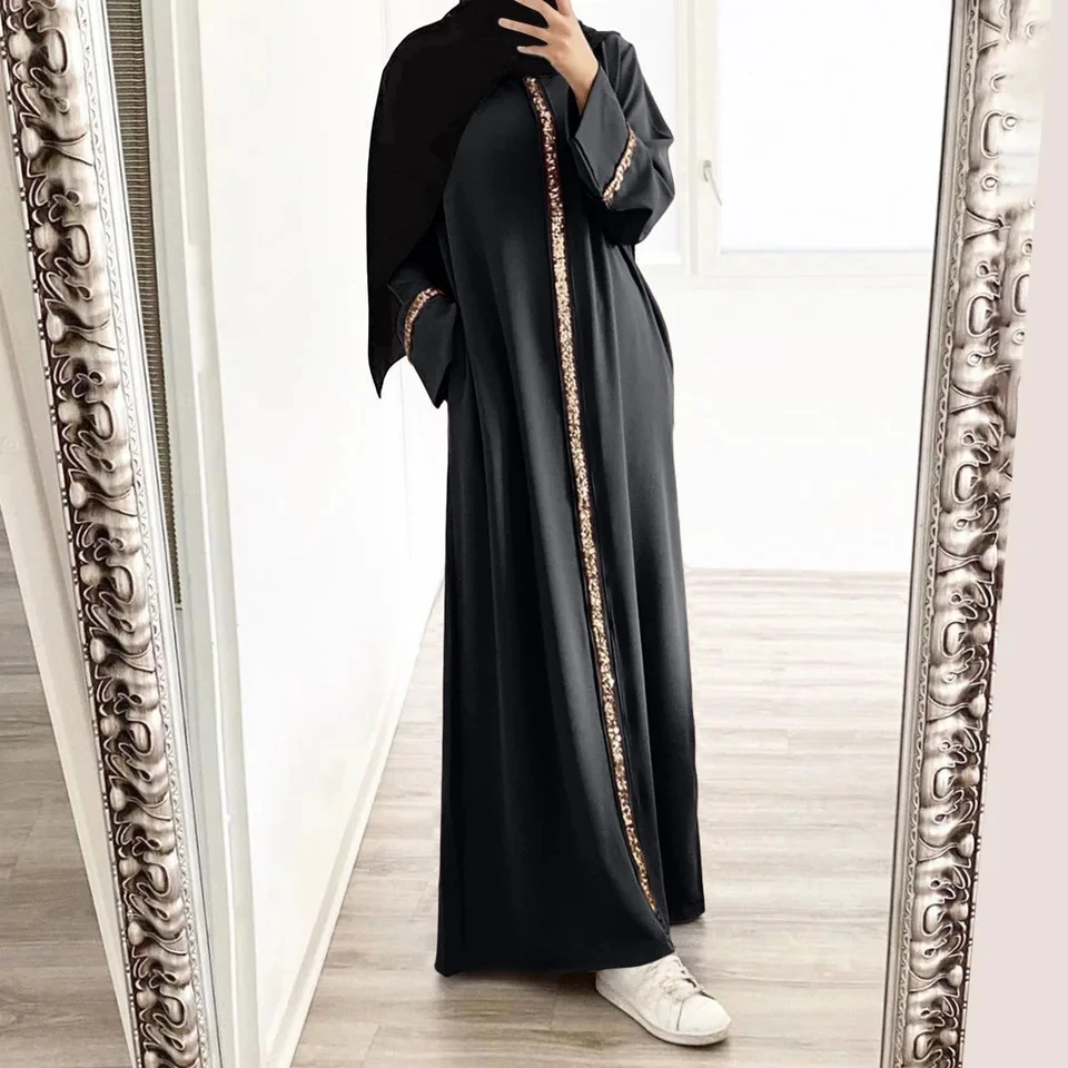 

Women Muslim Maxi Dress Glitter Sequins Long Sleeve Turkish Abaya Robe Elegant Dubai Kaftan Eid Ramadan Islamic Clothing