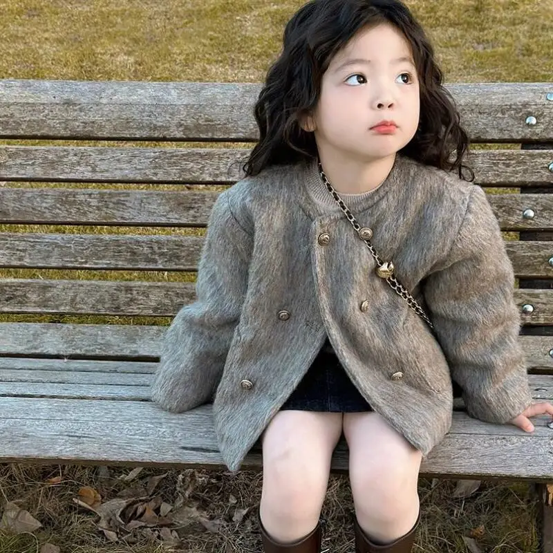 

Детская куртка на осень и зиму, новый стиль, детская корейская модная двубортная универсальная куртка принцессы с круглым вырезом, праздничный подарок