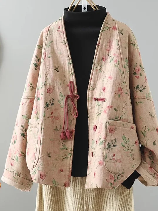 

Свободное винтажное женское хлопковое пальто большого размера с V-образным вырезом, художественным принтом, длинными рукавами, повседневное, для осени и зимы