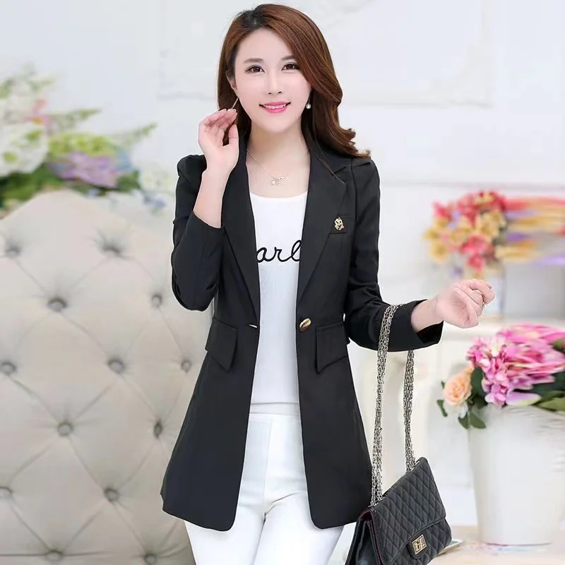 2024 New Spring Autumn Women Blazer Jacket Solid Single Button Mid Long Suit Slim Large Size Ladies Business Office Blazer Coat