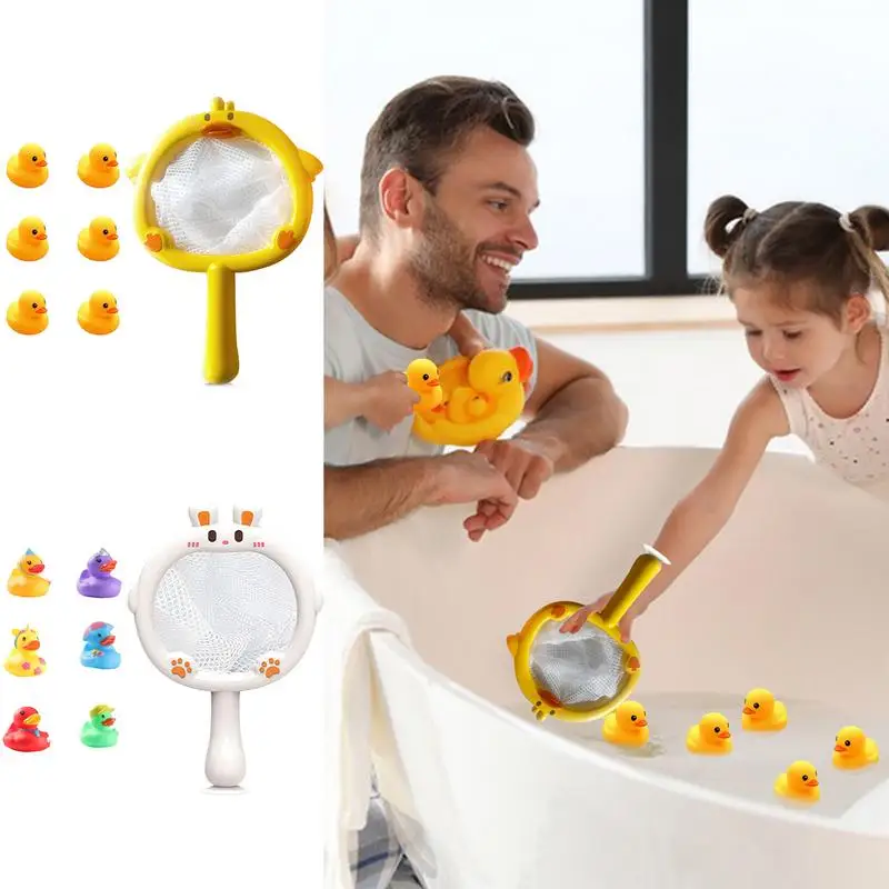 Rubber Ducks For Bath Floating Bathtub Water Toy 6 Mini Duck Toys Set With Fish Net Cute Rubber Animal Toys Funny Bathtub Toy