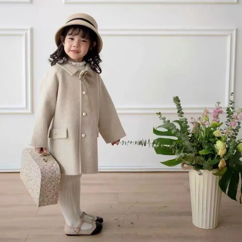 Autumn/Winter New Apricot Bow Coat Girls' Winter Flip Collar Woolen Coat Korean Children's Clothing
