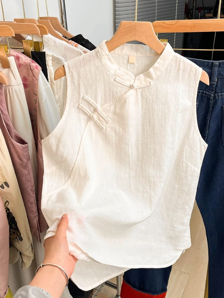 

New Chinese Style Cotton Linen Women's Vest Summer Loose Lightweight Stand Collar Side Buttoned Tea Shirt Top