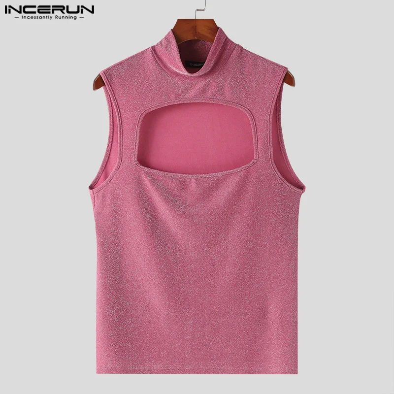 Sexy Stylish Style Tops INCERUN New Men\'s Glitter Fabric Hollow Vests Leisure Clubwear Half High Neck Sleeveless Tank Tops S-5XL