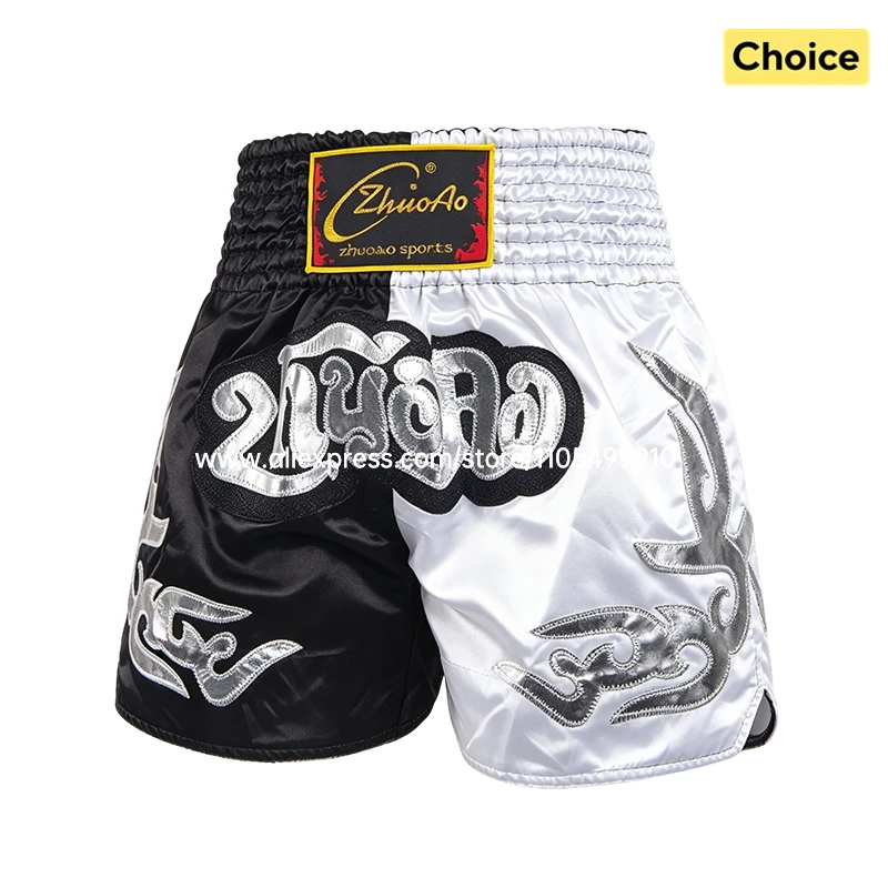 Muay Thai Shorts für Herren, Damen und Kinder in Schwarz-Weiß mit Farbblockdesign aus Satin für Kickboxen, MMA, Kampfsport, Sparring und Training