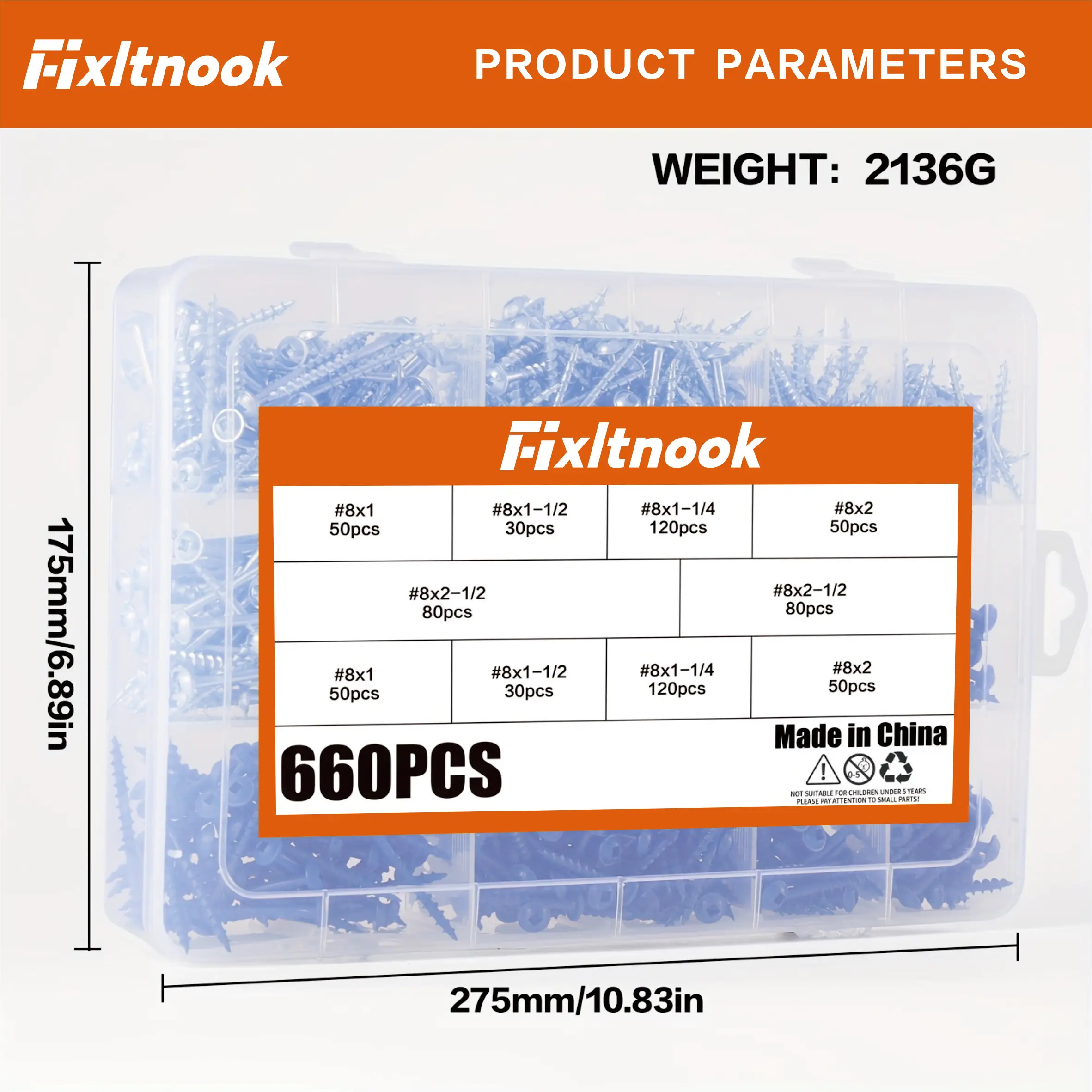 660 براغي جيب، براغي جيب بفتحة مربعة مطلية باللون الأزرق/الفضي. 5 المقاسات: #   8 × 1 "، 1-1/4"، 1-2/3"، 2"، 2-1/2"