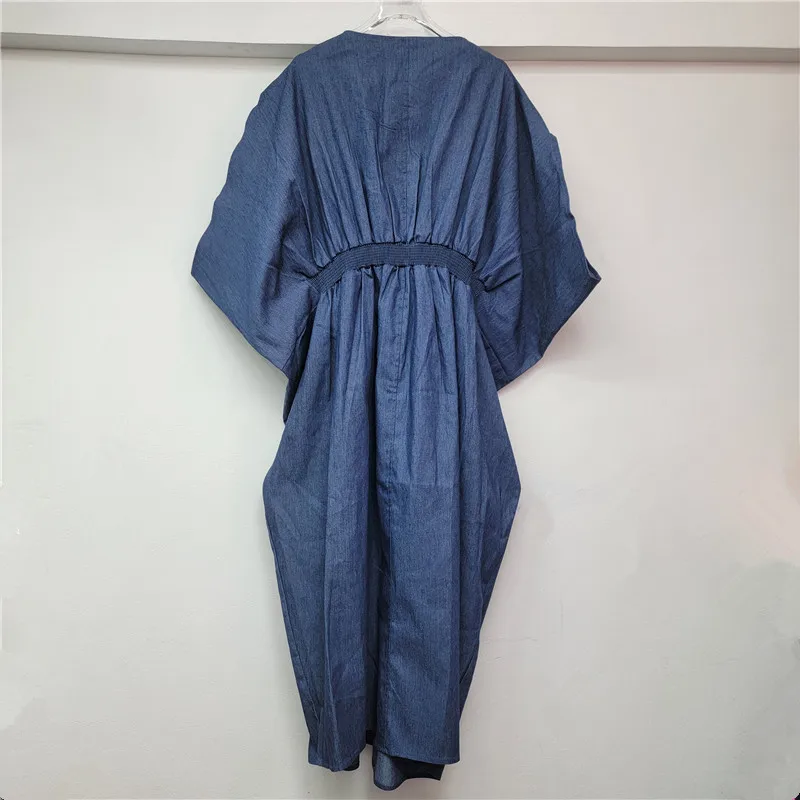 夏の新しい女性のルーズオーバーサイズデニムドレス重工業ネイルダイヤモンド V ネックロング Vestidos ファッショナブルで薄いロングドレス