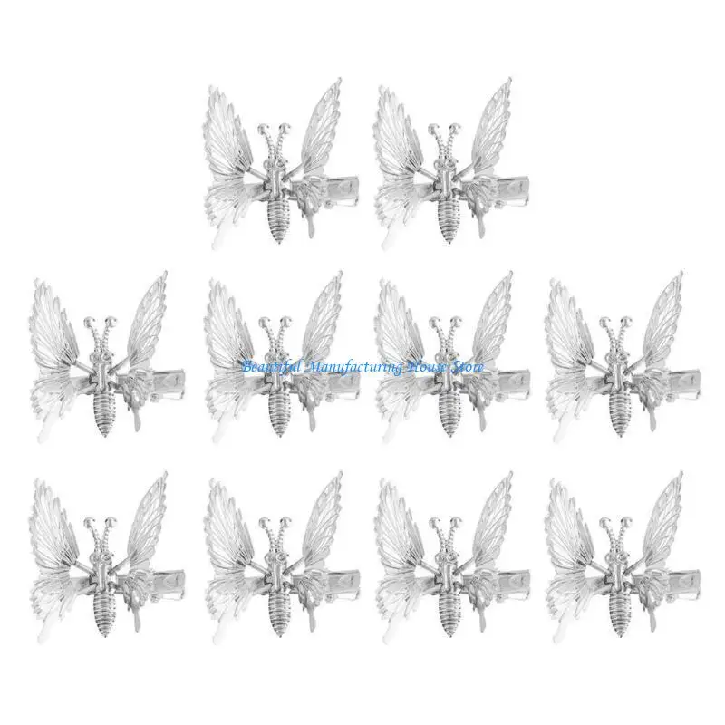 

E56A 10Pcs 3D Movable for Butterfly Shaped Hair Clips Metal Hollow Metallic for Butte