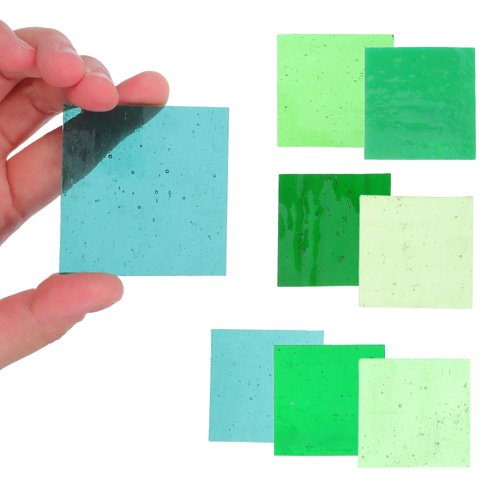 7Pcs Green Series Fused Glass Flakes Handmade Craft Glass Sheets 5x5cm Microwave Kiln Jewelry Making DIY Art Creation Supplies
