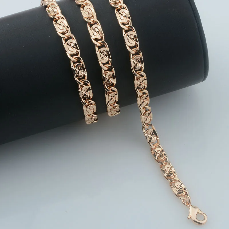 6mm Women Cubr Carving 585 Rose Gold Color Set Jewelry Men Chains