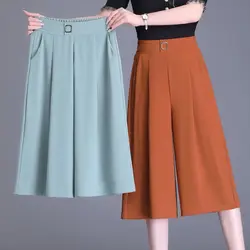 Sommer neue hohe Taille lose dünne breite Bein kurze Hosen Frauen solide Patchwork Tasche einfache Büro Dame lässig gerade Hose
