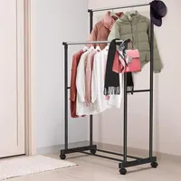 With Wheels for Clothes Hats Shoes Storage，Double Rod Clothes Rack Telescopic Movable Coat Rack Adjustable Floor Standing Hanger