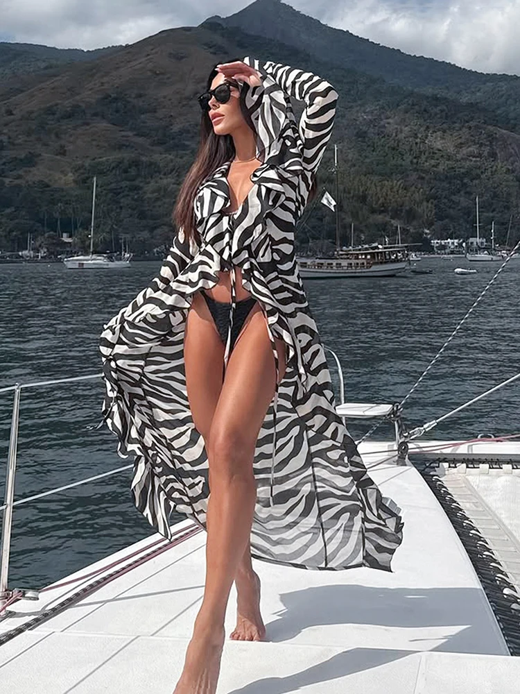 

Weird Puss Zebra Stripes Long Top Women Flare Sleeve Ruffle Lace-Up Sexy Wild Fashion Beach Vacation Stretch Thin Slim Clubwear