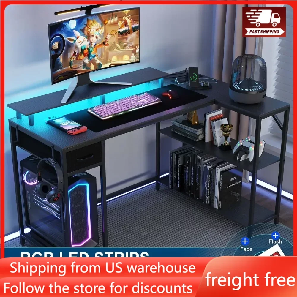 

L Shaped Gaming Desk with Power Outlet & LED Light,Corner Gaming Desk with Hook & Monitor Stand, Reversible Computer Office Desk