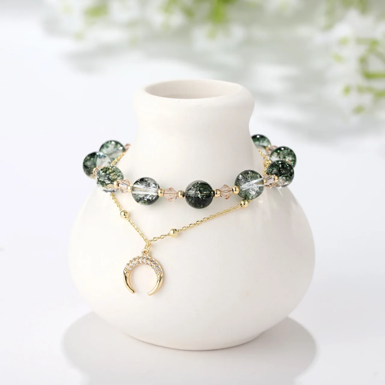 Natural Green Ghost Crystal Bracelet for Women Popular Double Layer Micro Set Zircon Moon Beads Best Friend Jewelry Gifts