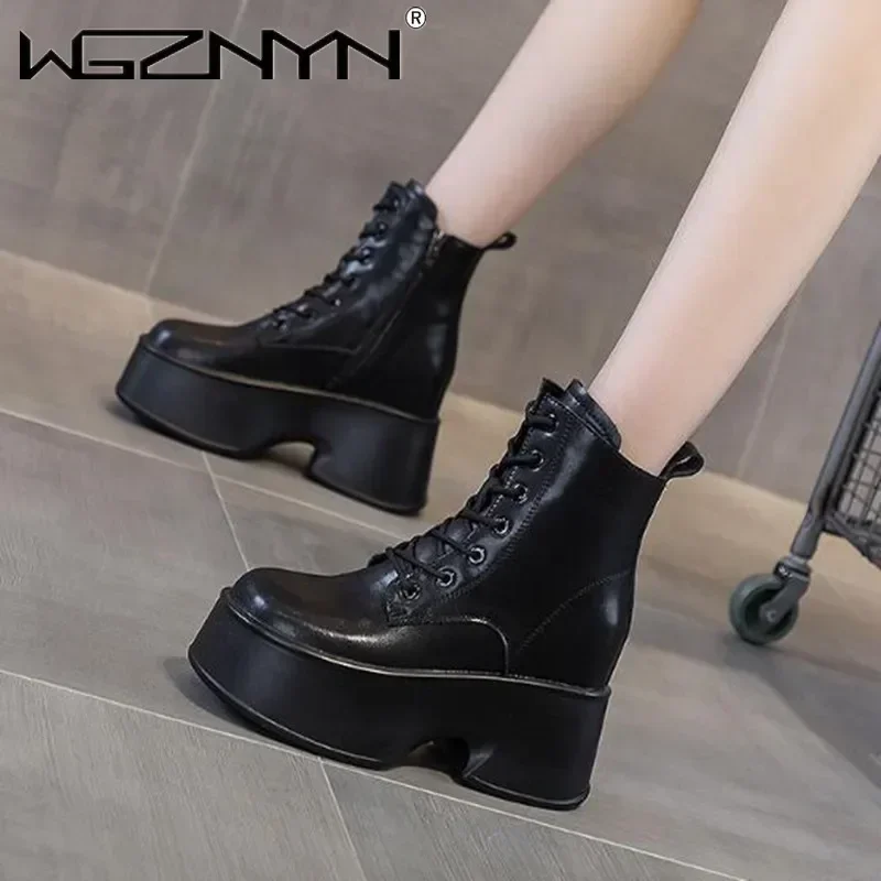 11cm rotador couro genuíno feminino meados de bezerro botas da motocicleta plataforma wedeg rendas até deslizamento em 2026 primavera outono inverno sapatos confortáveis