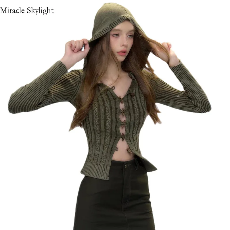 Wind Hooded Sweater Women, Sweet And Spicy, Slim Fit, Long Sleeved Cardigan With Button Top For Women