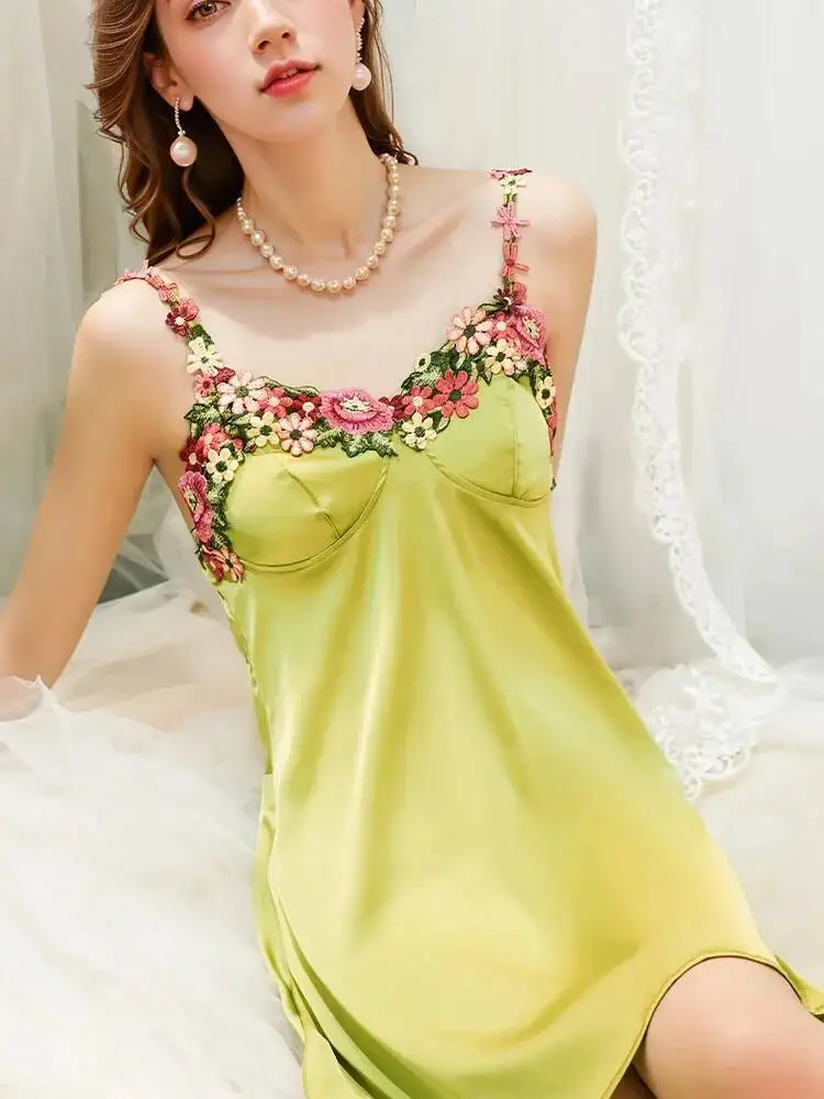 New Dress Sexy Strap Satin Flower Embroidery For Women Summer Pure Desire Style Sleep Wear Dress Charming Pure Desire Dress B9O1