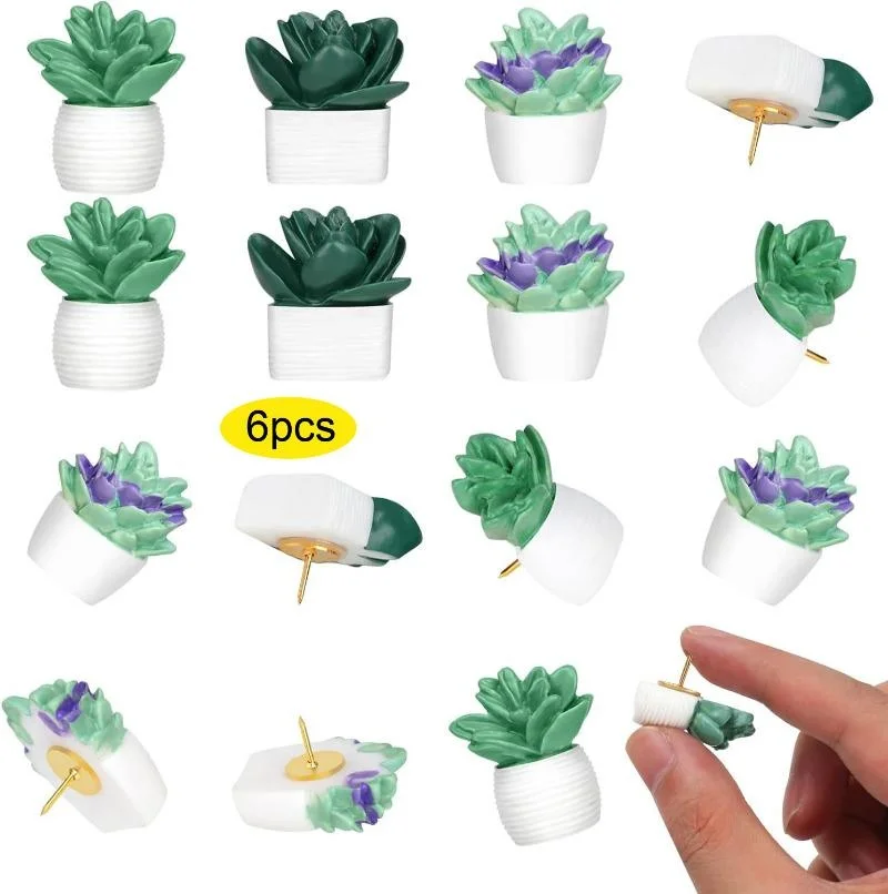 6 Pieces Cute Succulent Plants Decorative Push PinsThumbtacks for Photo Wall, Cork Board, Map, Bulletin Board Office or Home DIY