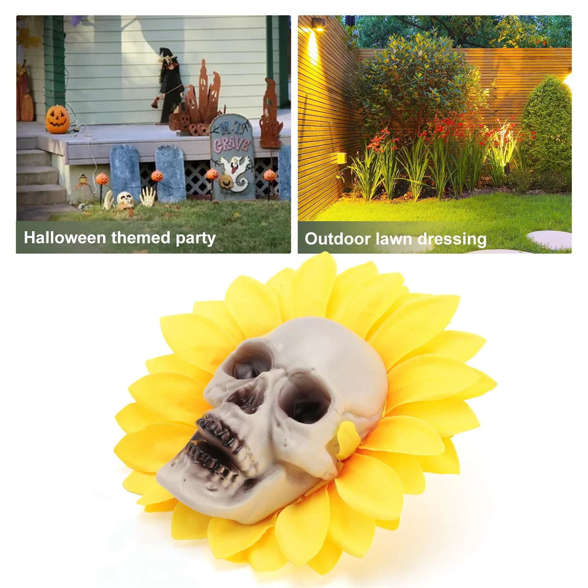 Ornements de fleurs de simulation de crâne et de tournesol, décoration de jardin d'Halloween, décoration de cour de pelouse, A