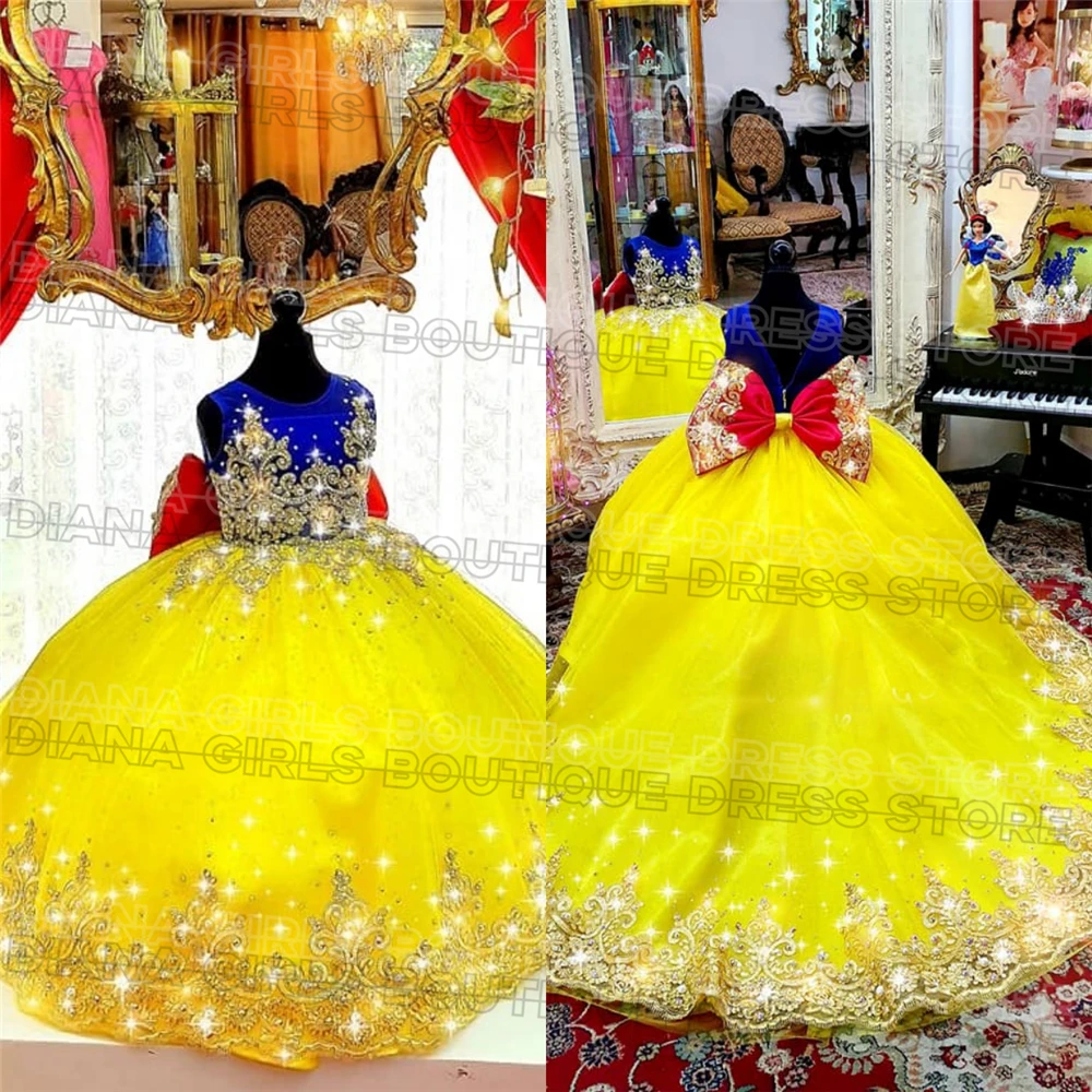 Gorgeous Yellow Flower Girl Dress Tulle Fluffy With Quality Gold Lace Applique Big Bow Little Princess Birthday Party Ball Gowns